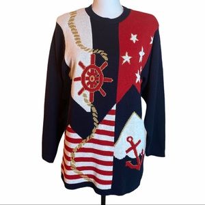 Vintage Nautical Sweater Red White Blue Anchors Stars Stripes By Alfred Dunner